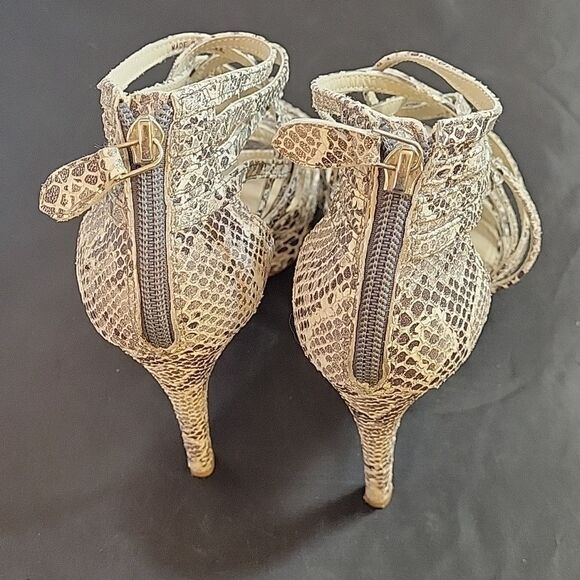 WOMEN"S POUR LA VICTOIRE SNAKESKIN LEATHER OPEN TOE HIGH HEEL STILETTOS SANDAL - Picture 12 of 12